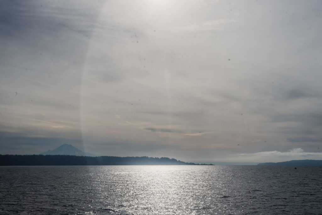 Vue sur une étendue d'eau scintillante avec une ligne côtière boisée et une montagne à l'horizon sous un ciel nuageux.