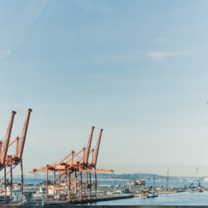 Des grues à conteneurs orange se dressent le long d'un quai portuaire, avec une baie et des collines en arrière-plan sous un ciel dégagé.